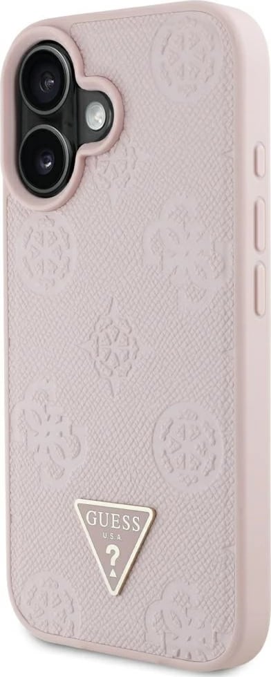 Mbështjellës Guess Grained Hot Stamp Peony Triangle Logo MagSafe për iPhone 16, Rozë