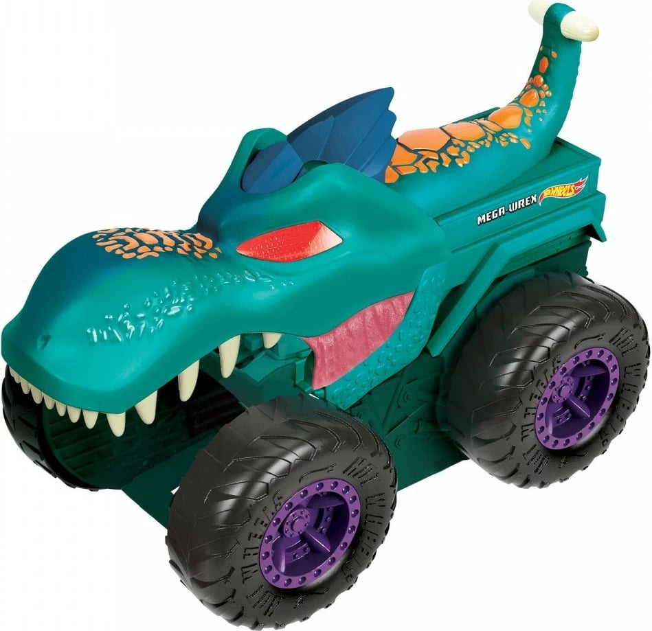 Lodër Hot Wheels Mega Wrex Car Eater Vehicle, me efekte zanore dhe dritash, për fëmijë, Set me makinë metalike, Ngjyrë kaltër/portokalli