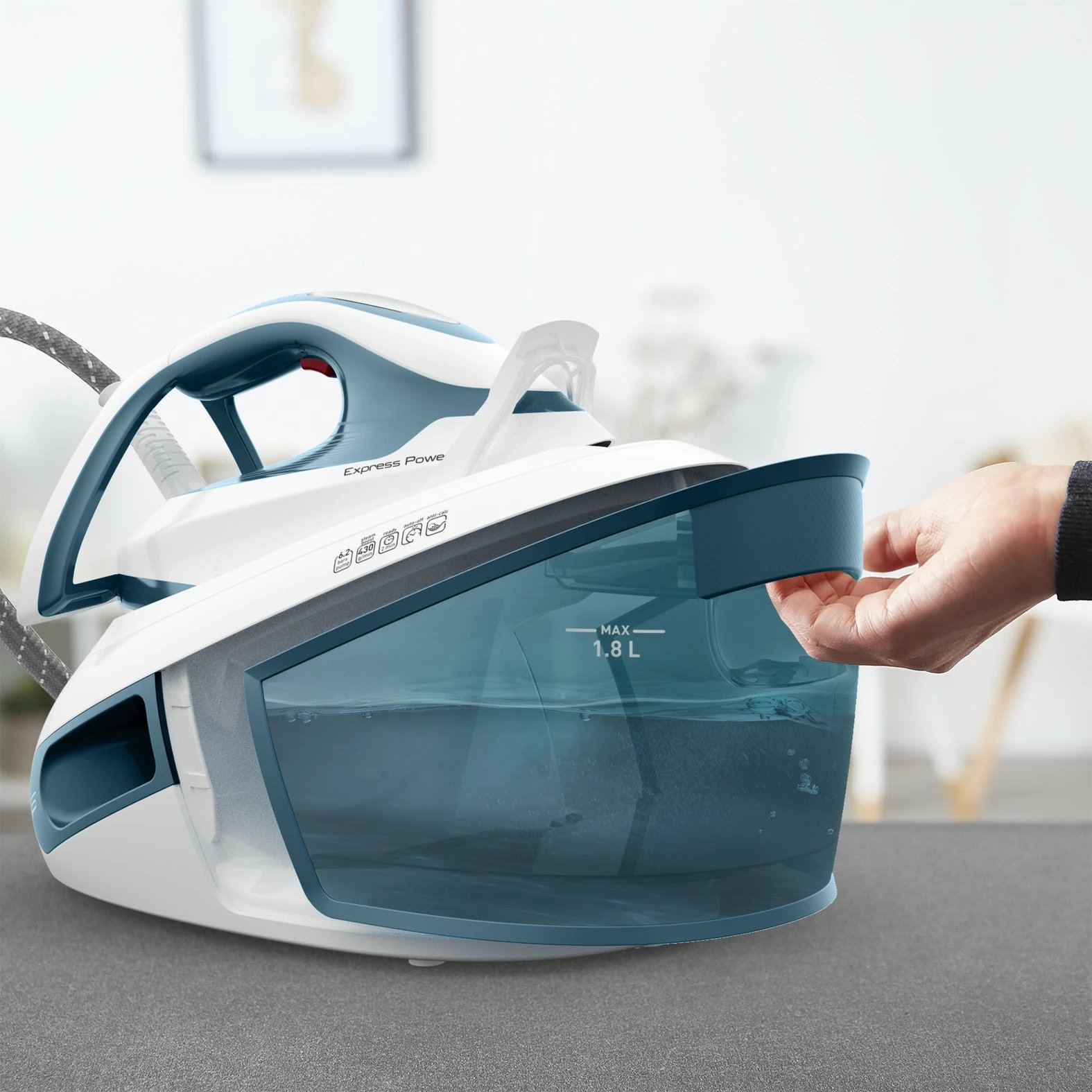 Hekur me avull Tefal Express Power SV8111, 1.8L, 6.2 bar, kaltër/bardhë