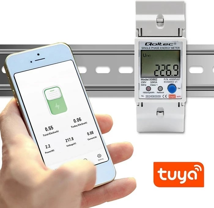 Matës energjie njëfazësh për DIN rail, Qoltec 50882, LCD, Wi-Fi, TUYA, 230V