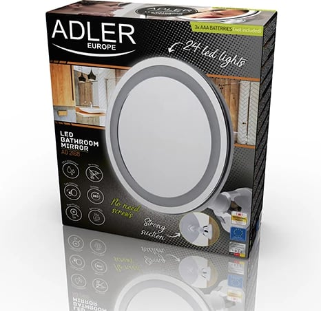 Pasqyrë LED banjoje, Adler AD 2168, zmadhim 5x, diametër 20 cm, 24 LED, rrotullim 360°, IPX4, montim me vakum, me bateri 3xAAA
