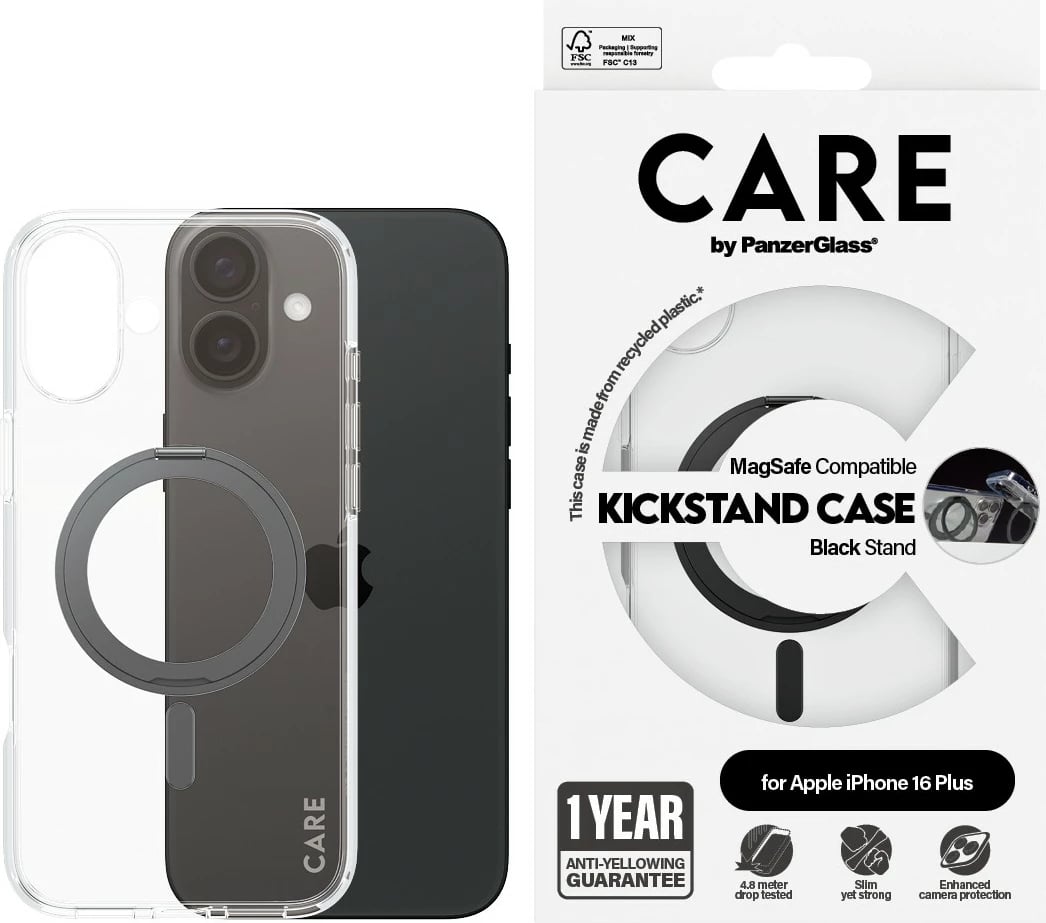 Mbështjellës PanzerGlass CARE Case Feature me Kickstand MagSAFE për iPhone 16 Plus, transparent