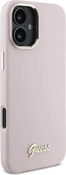 Mbështjellës Guess Silicone Script Metal Logo & Frame për iPhone 16, Rozë