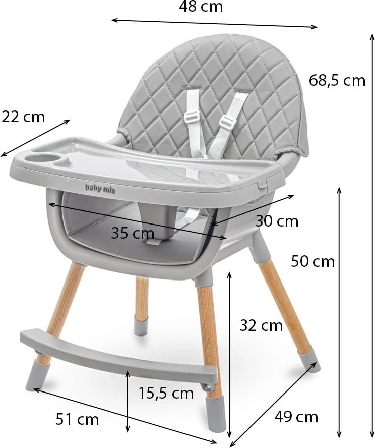 Karrige e lartë ushqimi për bebe Baby Mix Freja, tabaka e dyfishtë e rregullueshme, rrip 5‑pikësh, e kthyeshme në karrige të ulët, këmbë druri, gri e errët