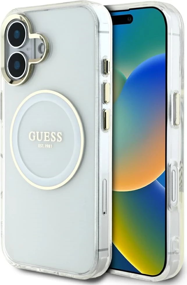 Mbështjellës Guess IML Metal Colored Circle Classic Logo MagSafe për iPhone 16, Bardhë