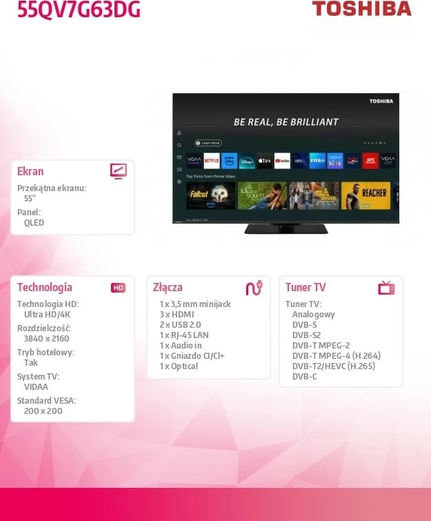 Televizor QLED, Toshiba, 55QV7G63DG, 55-inch 4K Ultra HD, VRR 144Hz AMD FreeSync Premium, Dolby Vision Atmos, VIDAA
