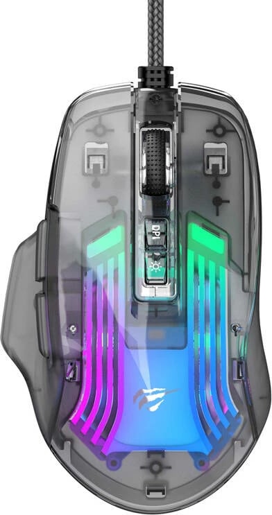 Maus gaming Havit MS1011SE me kabllo, 7200 DPI, 7 butona, transparent/zi
