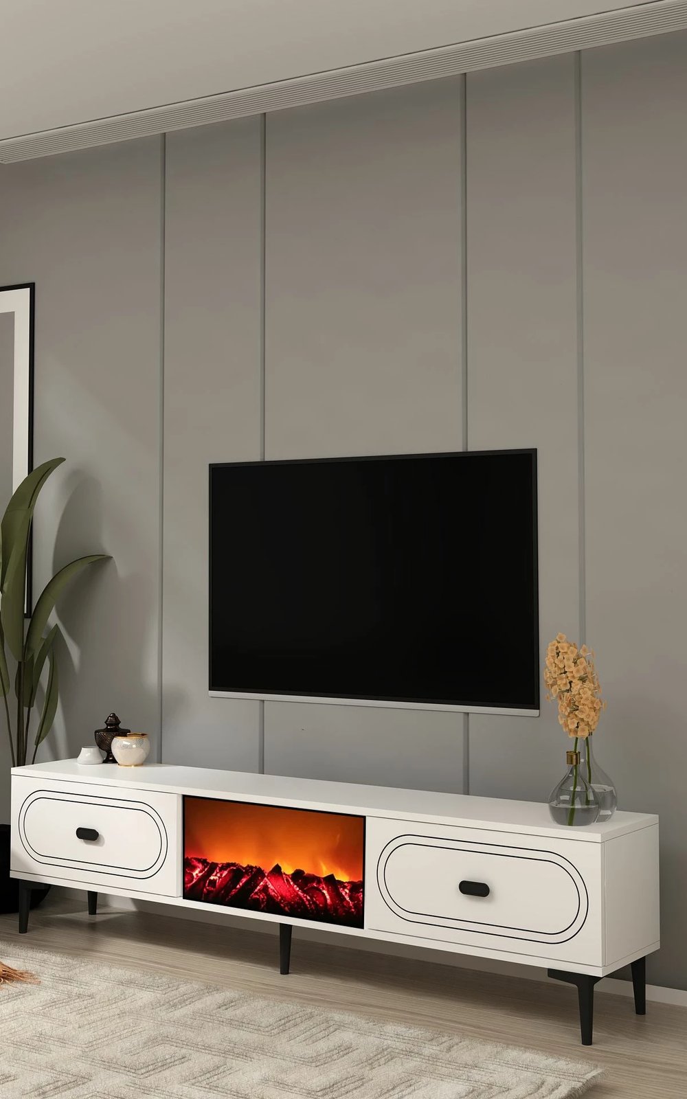 Komodë TV Skye Decor, weny bohem me oxhak dekorativ, e bardhë