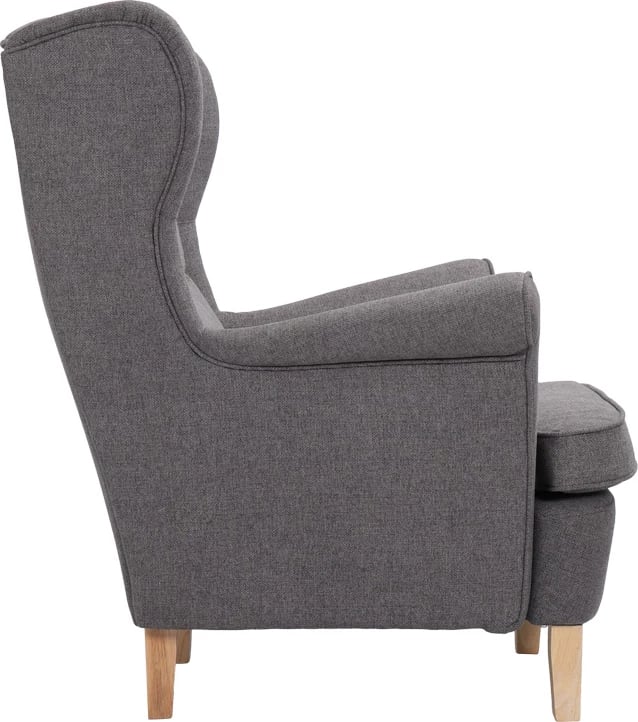 Fotel Malei, material gri, këmbë druri natyrale, 85x93x100cm