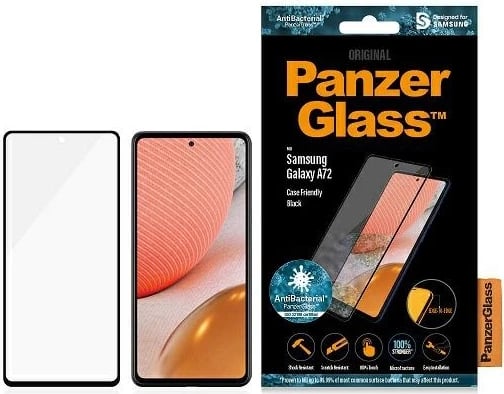 Xham mbrojtës PanzerGlass E2E Microfracture antibakterial për Samsung Galaxy A72, me kornizë të zezë