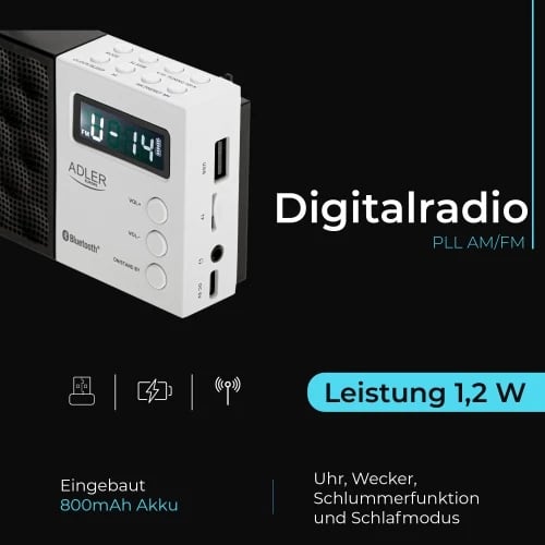 radio dixhitale PLL AM/FM, Adler AD 1908, Bluetooth 5.0, USB/SD, memorie 20 stacione, ekran LCD, 1.2 W, bateri 800 mAh, bardh e zezë