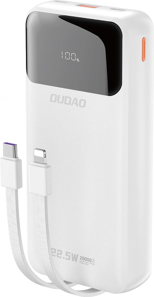 Powerbank Dudao K15Pro, 20000mAh, 22.5W, me kabllo të integruara Lightning dhe USB-C, Bardhë