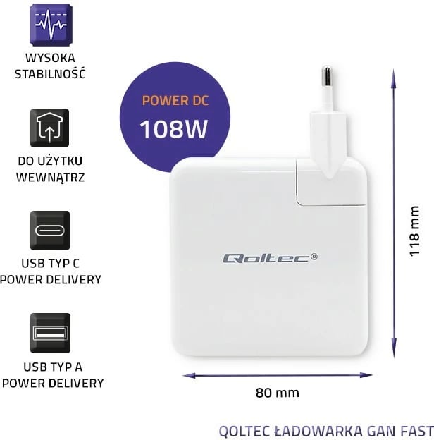 Karikues murit Qoltec GaN FAST 108W, 2 dalje USB/USB-C, i bardhë