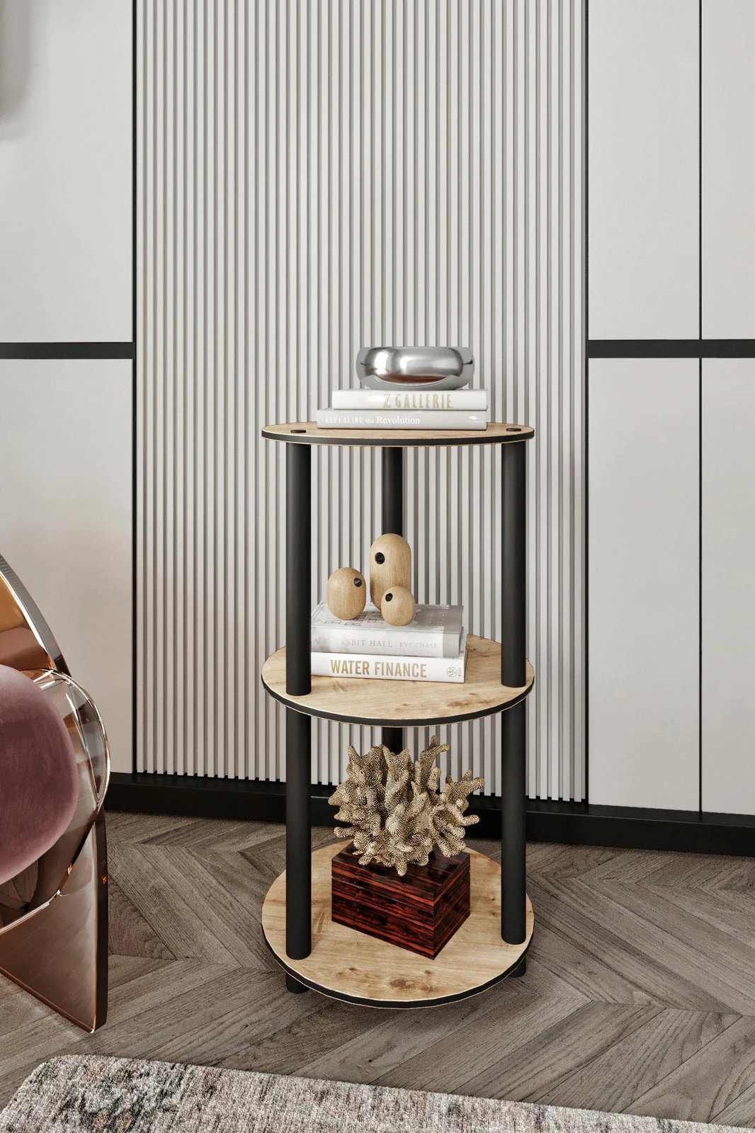 Raft librash Skye Decor, 3 nivele, i rrumbullakët, ngjyrë lisi