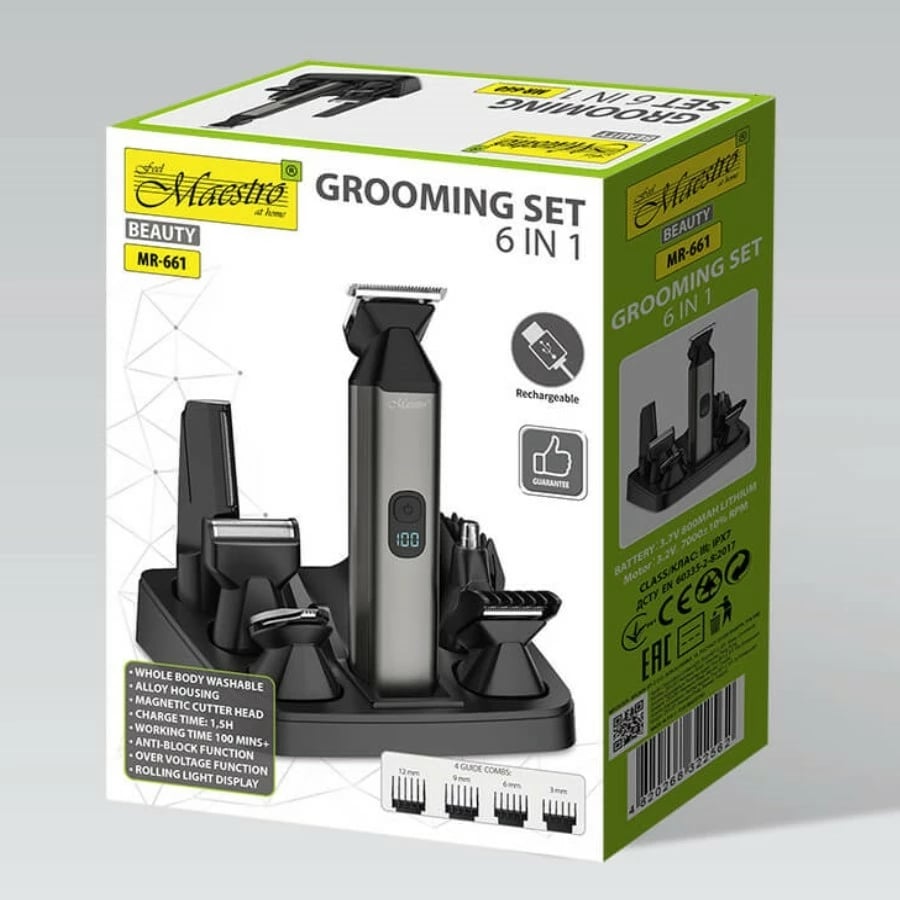 Set trimmer 6-në-1 Feel-Maestro MR-661, bateri 100 min, karikim USB-C, tehe çelik inoksi, wet & dry, e zezë/gri