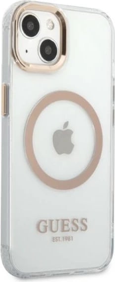 Mbështjellës Guess GUHMP13MHTRMD për iPhone 13 6.1", Metal Outline Magsafe, Ari/Transparent