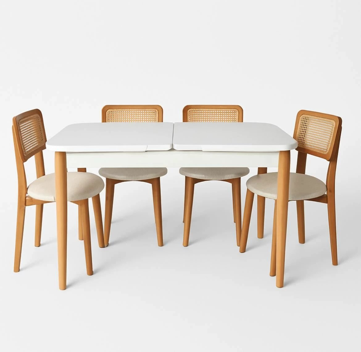 Tavolinë me karrige, zgjatshme, 5 copë, Skye Decor, ngjyrë dru e bardhë, lis