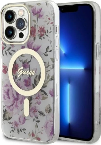 Mbështjellës Guess GUHMP14LHCFWST për iPhone 14 Pro 6.1", transparent, Flower MagSafe