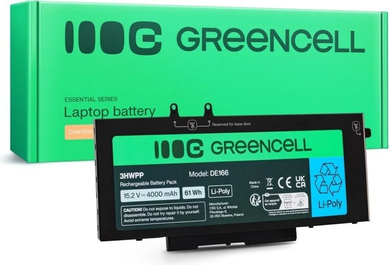 Bateri laptopi Green Cell DE166 për Dell, 4000 mAh, 15.2V, e zezë