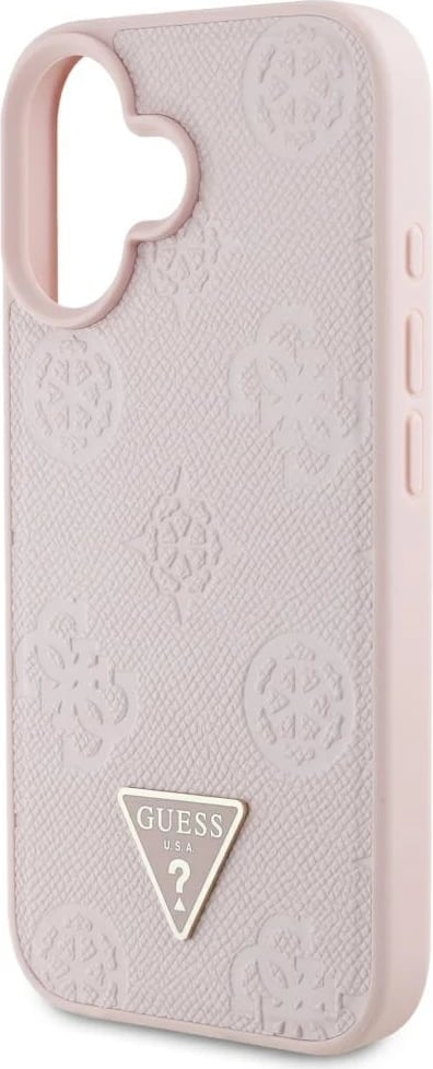 Mbështjellës Guess Grained Hot Stamp Peony Triangle Logo MagSafe për iPhone 16, Rozë