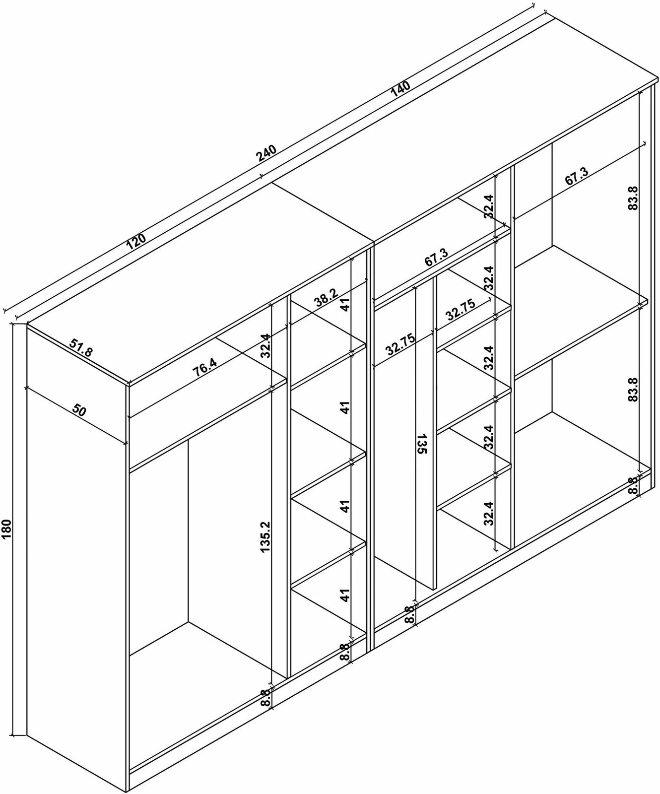 Dollap rrobash, ngjyrë Atlantic Pine, Skye Decor Kardelen 1600-117, 280x180x51.8cm