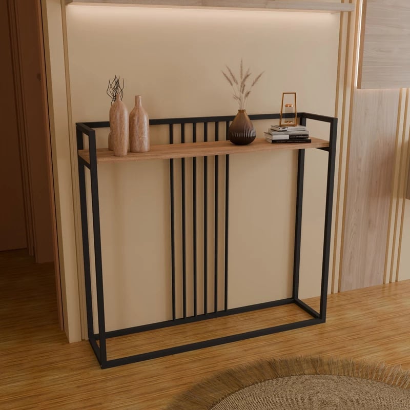 Konsolë Convida, ngjyrë lisi me kornizë metalike të zezë, 100x25x90cm