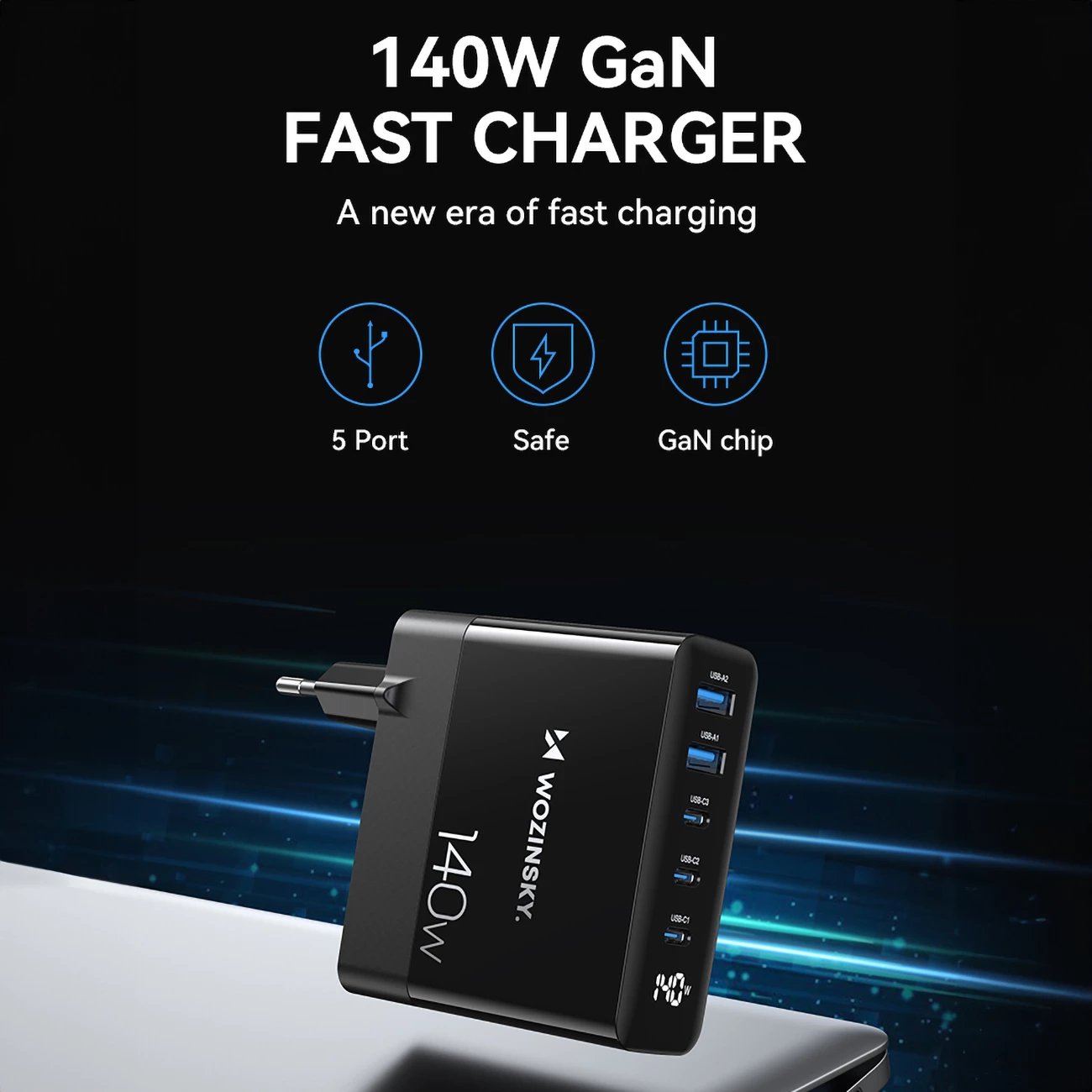 Karikues muri Wozinsky CGWCB, 140W, 3x USB-C, 2x USB-A, i zi