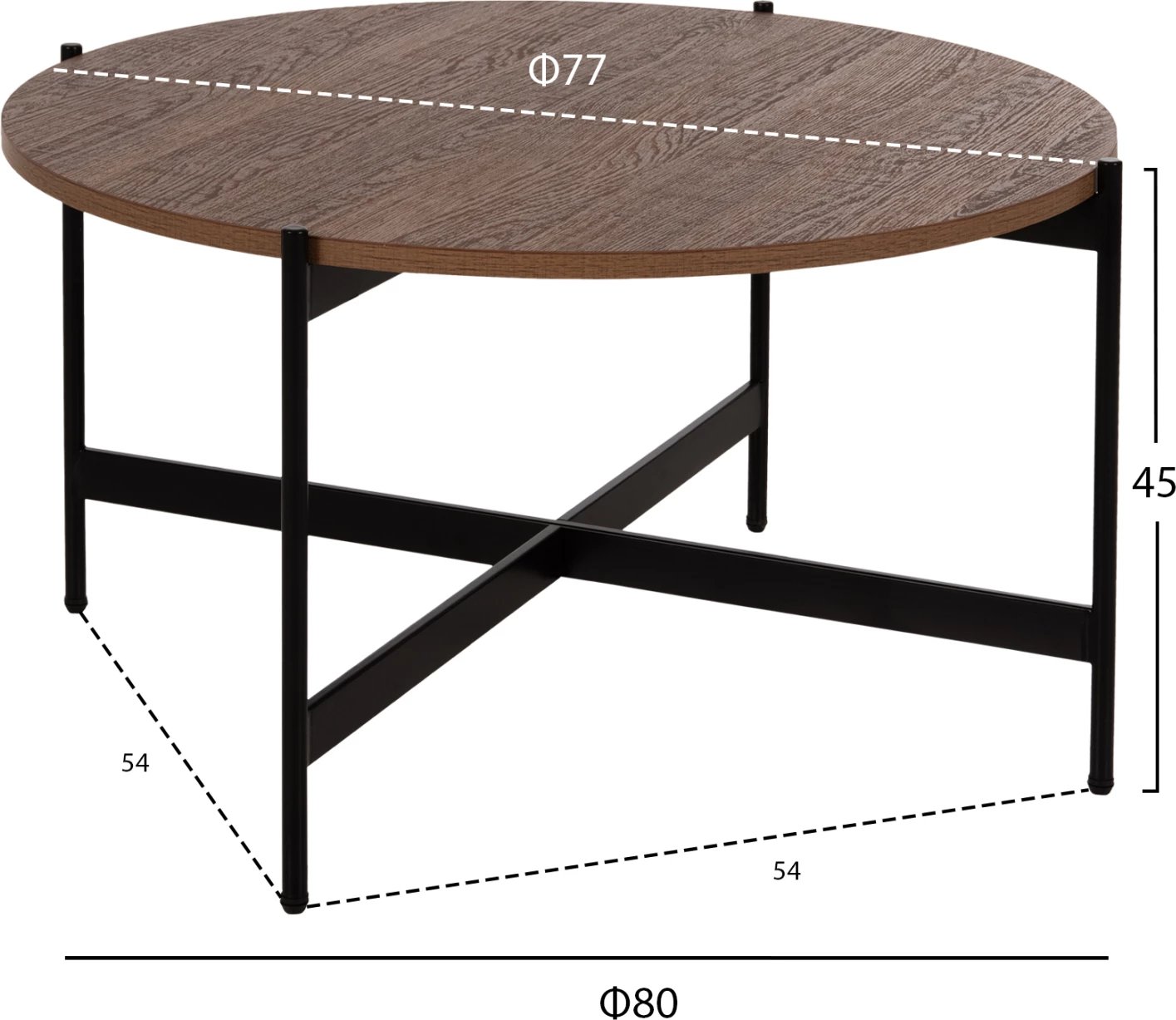 Tavolinë kafeje FH9588.04 MDF ngjyrë arre, bazë metalike e zezë Φ80x45H cm