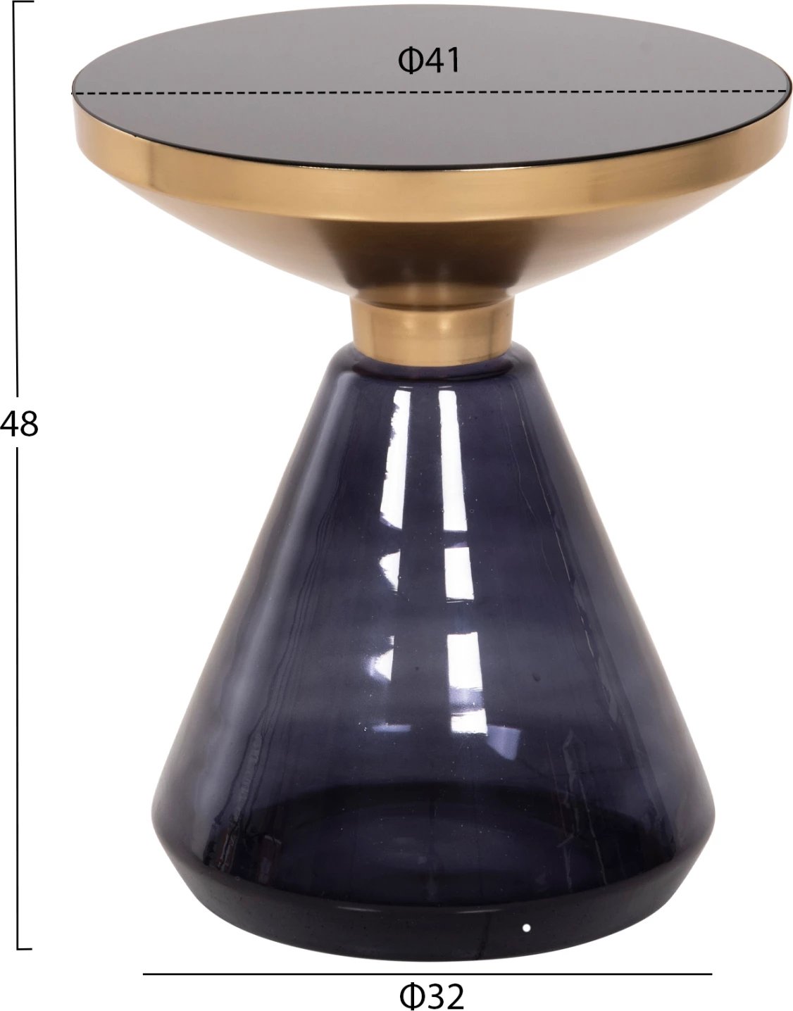 Tavolinë anësore DEMMY, sipërfaqe xhami e zezë & bazë xhami e purpurt, metal në ngjyrë ari, Φ41x48H cm