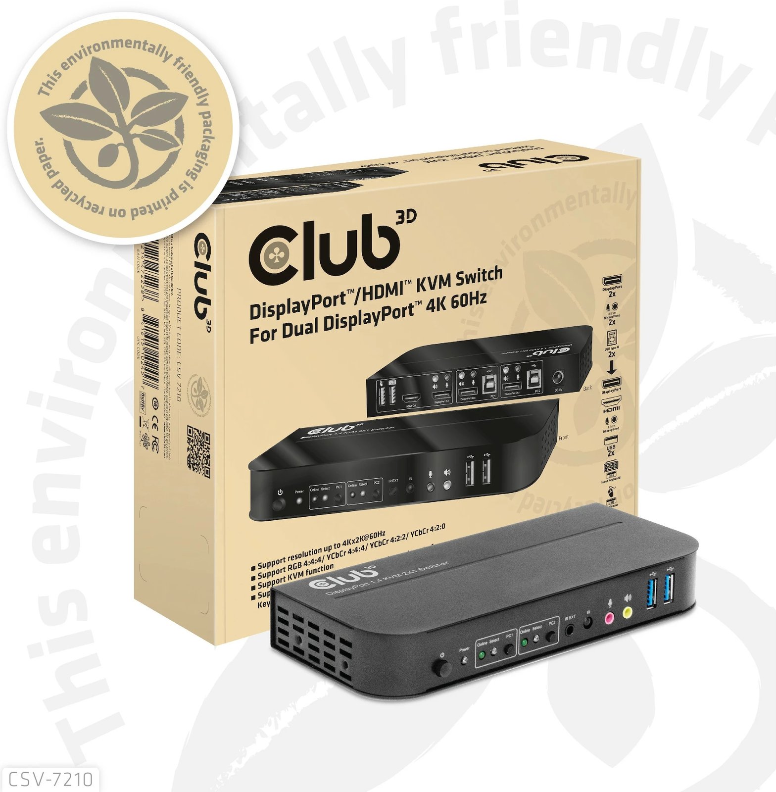 Switch KVM Club3D CSV-7210, 2x DisplayPort, 1x HDMI, 2xUSB, 4K60Hz, i zi