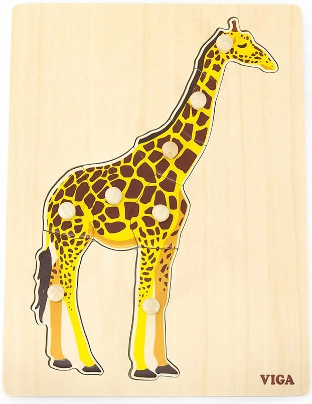 Puzzle druri Montessori, Viga, Giraffe, me kunja, për 18+ muaj, multingjyrësh