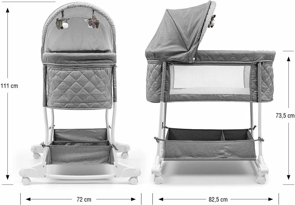 Djep 2-në-1 për foshnje, Milly Mally Dream On, metal kornizë, rrota me bllokim, baldakin i palosshëm, dyshek i butë, gri