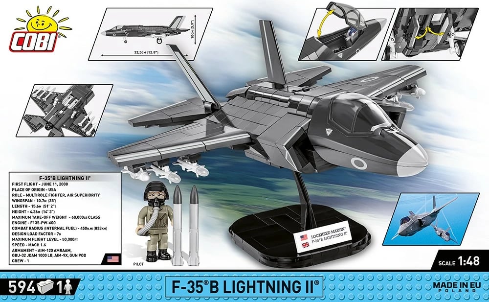 Set ndërtimi Cobi Klocki Armed Forces F-35B Lightning II, 594 copa, me figurë piloti, Gri