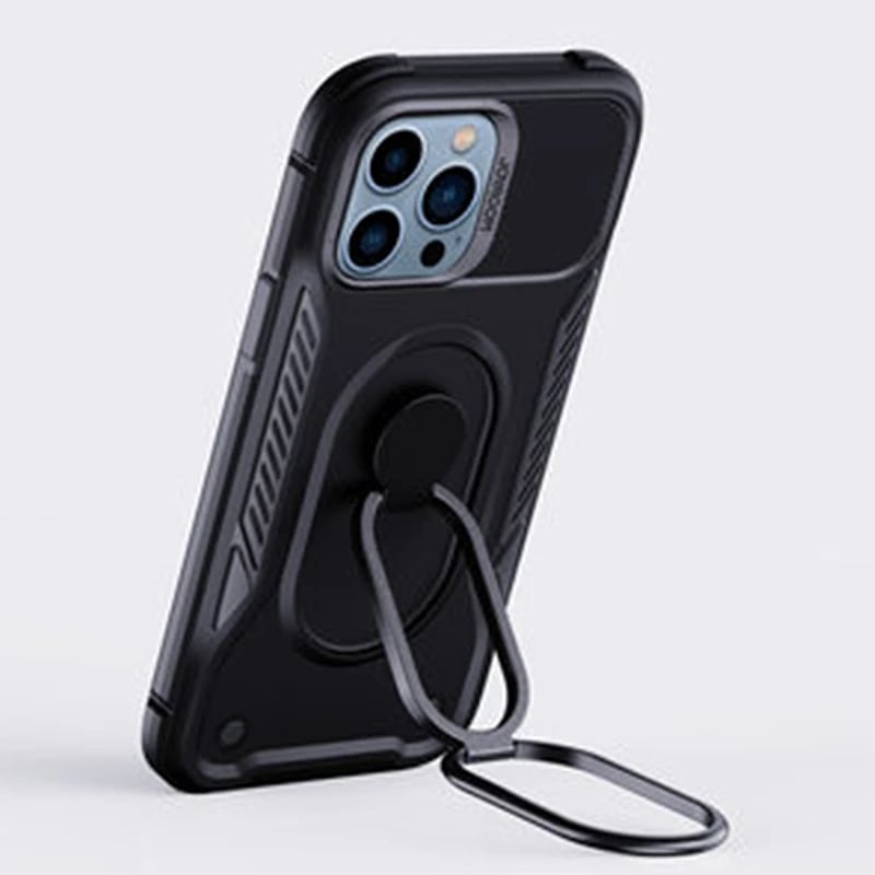 Mbështjellës Joyroom Dual Hinge për iPhone 14 Pro, me mbajtëse dhe unazë, i zi