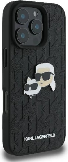 Mbështjellës Karl Lagerfeld Monogram Karl & Choupette Head Pin për iPhone 16 Pro, i zi
