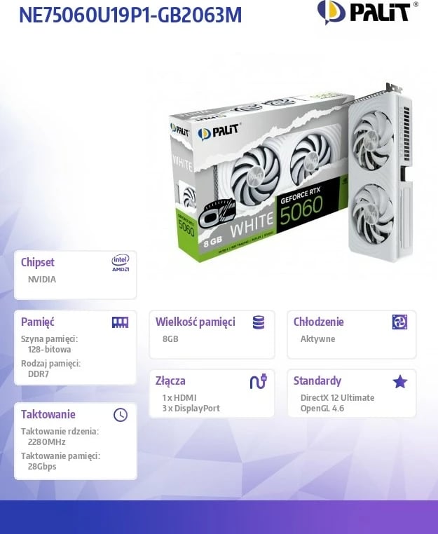 Kartë grafike Palit GeForce RTX 5060 White OC NE75060U19P1-GB2063M 8GB GDDR7 128-bit 3xDP/HDMI PCIe 5.0 e bardhë