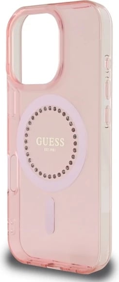 Mbështjellës Guess IML Rhinestones për iPhone 16 Pro Max, MagSafe, Rozë