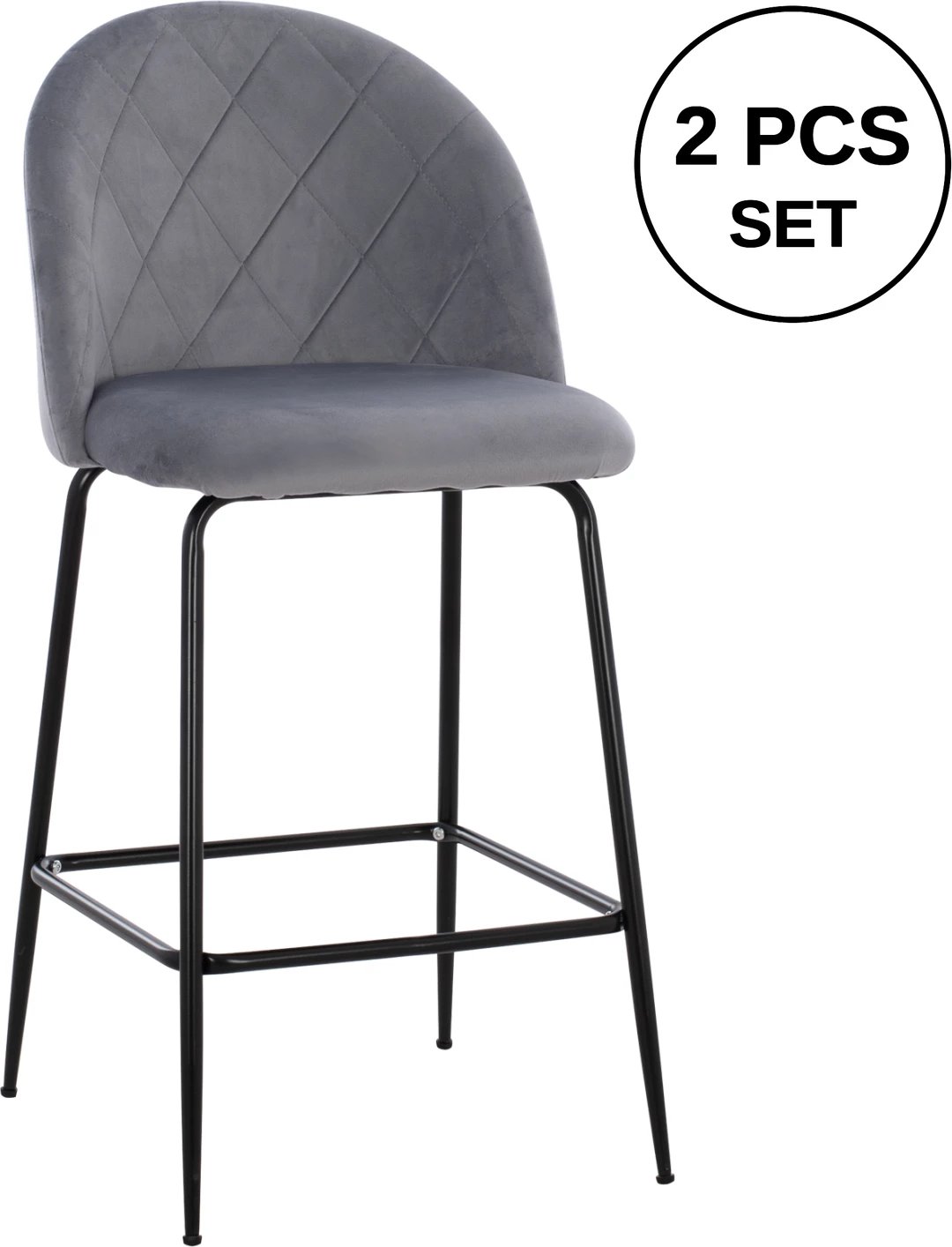 Karrige për bar, lartësi mesatare, FH8732.11, këmbë metalike, kadife gri, 50x56x98 cm., set prej 2 copë