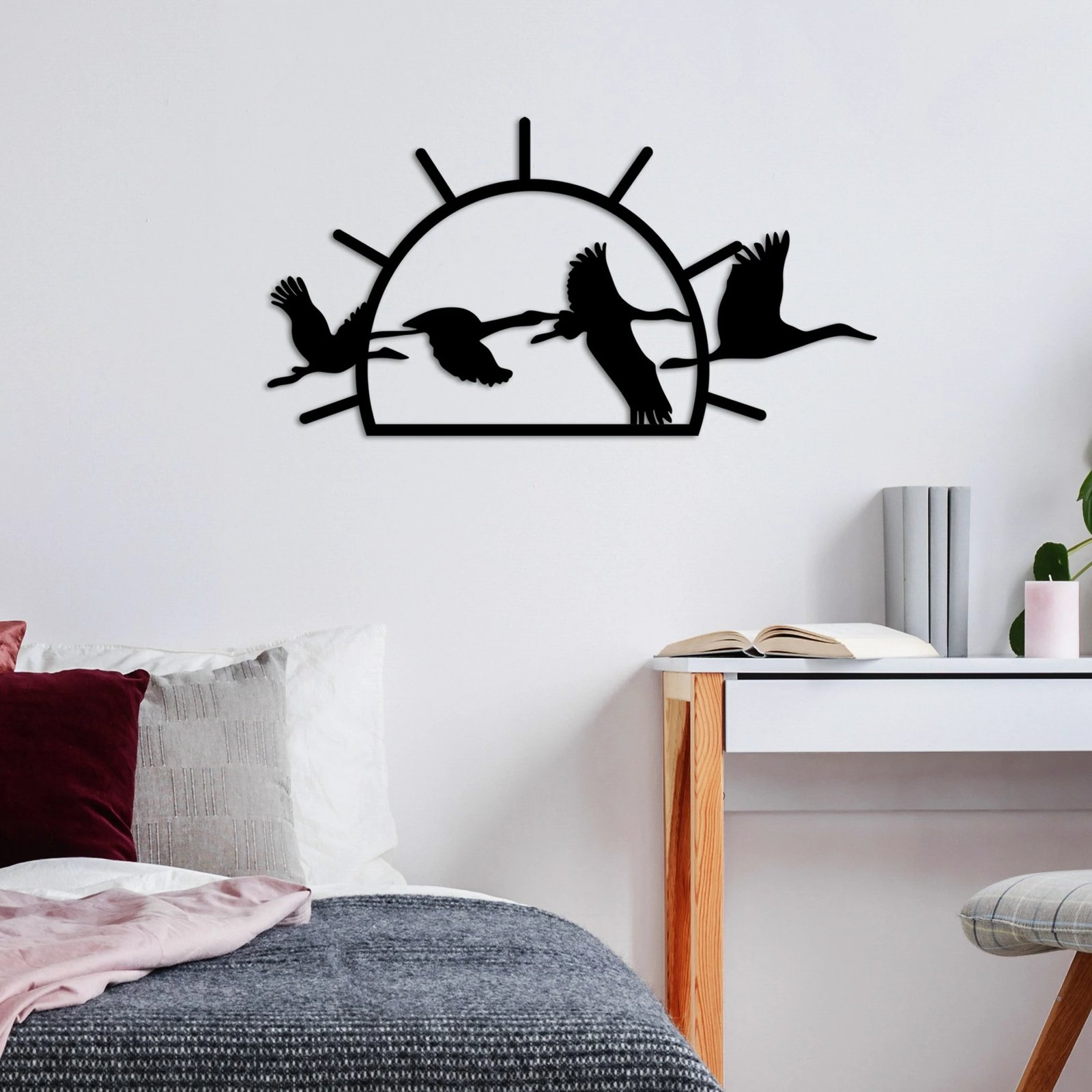 Aksesor dekorativ metalik për mur, zogj migrantë, Wallity, i zi, 70x36cm