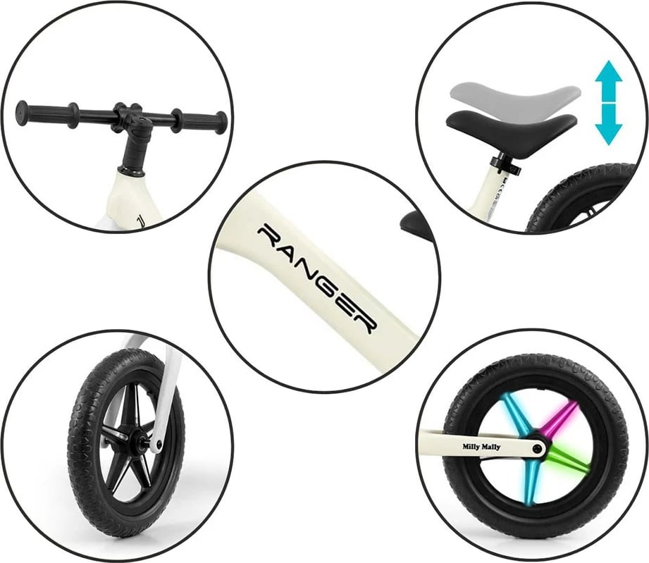 Bicikletë balancuese fëmijësh, Milly Mally Ranger Flash, rrota 12" EVA pa fryrje, kornizë kompozite e lehtë, sedile e rregullueshme, e bardhë