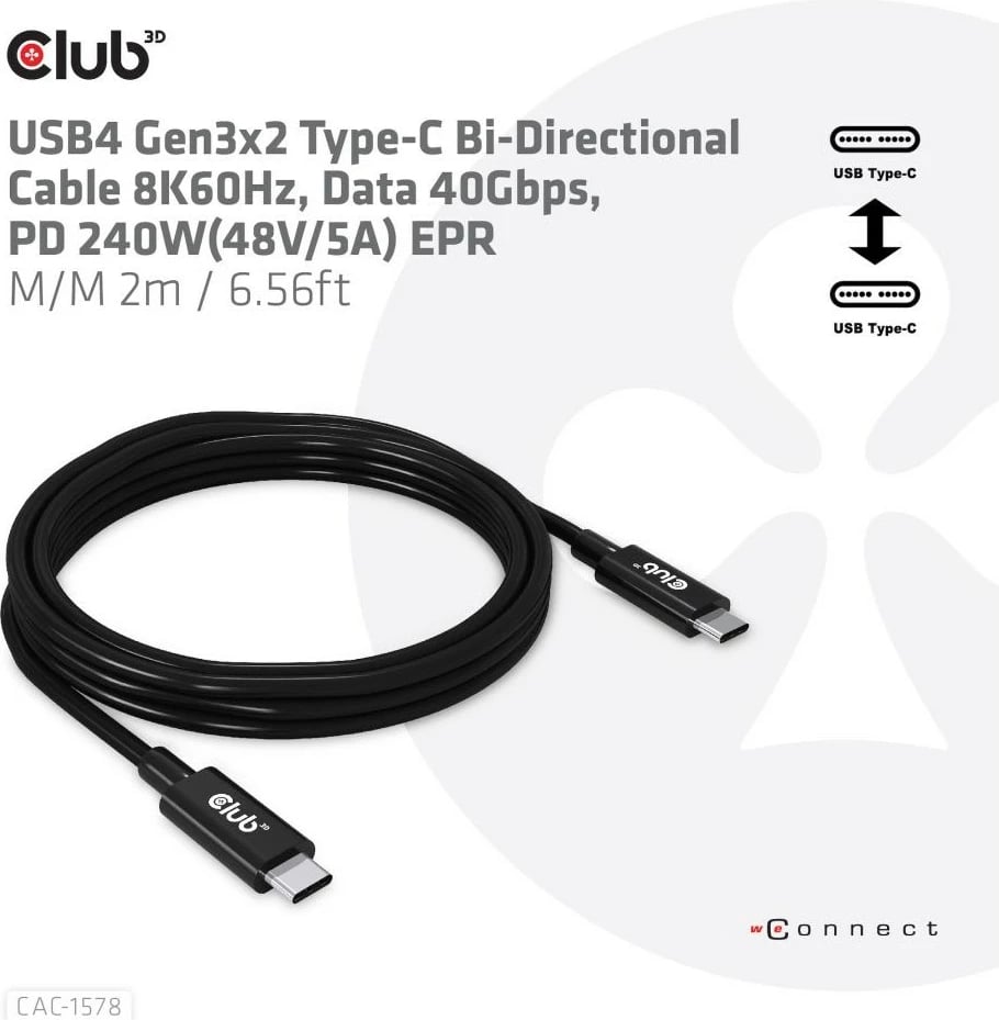 Kabllo USB Type-C Club3D 2m, PD 240W, 40Gbps, e zezë