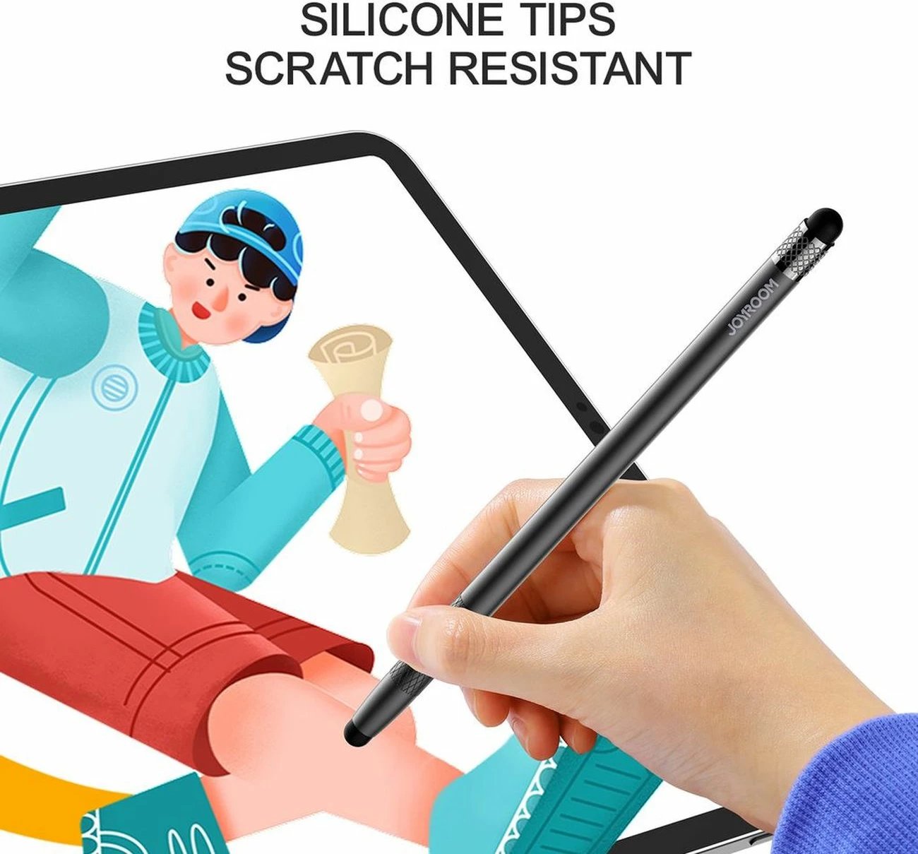 Stylus pasiv, Joyroom, JR-DR01, universal për celular e tablet, 2 maja të këmbyeshme, trup alumini, e zezë