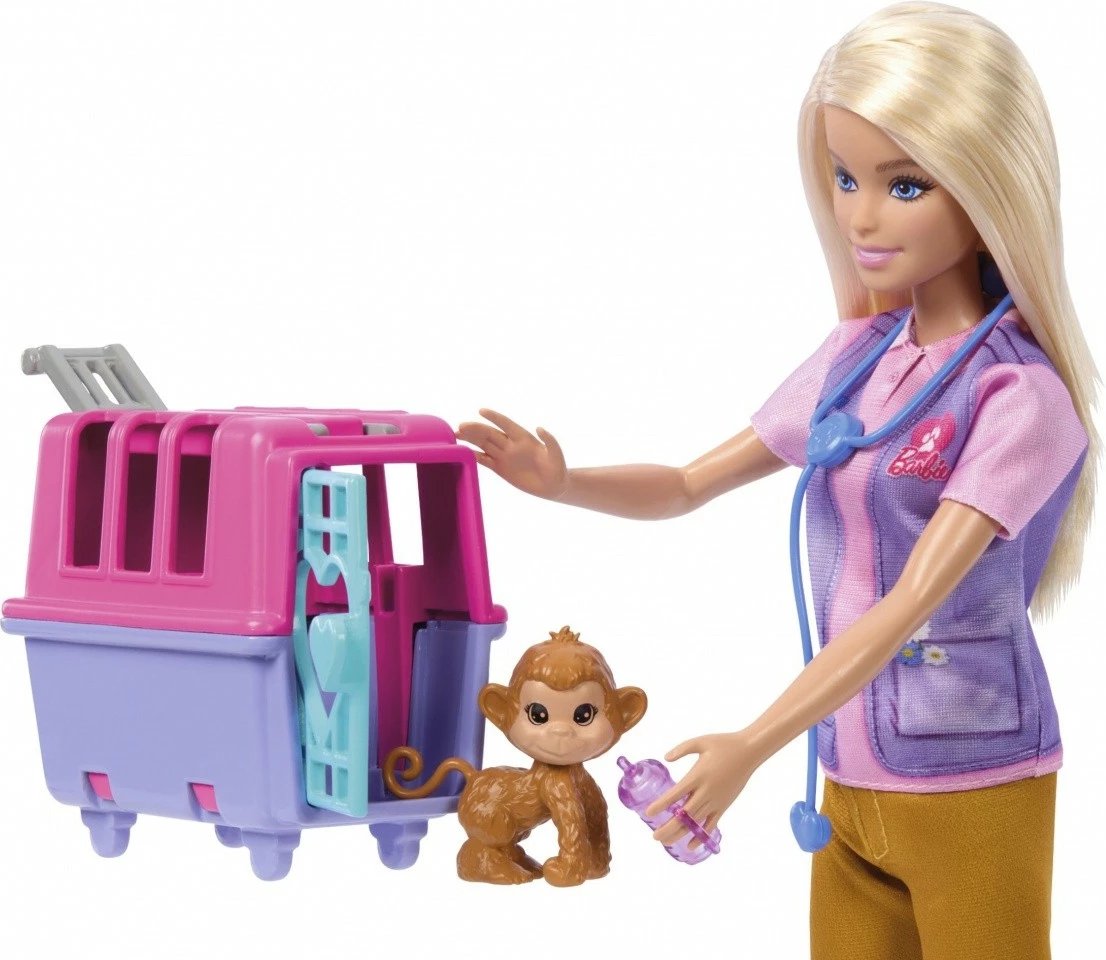 Set lodrash Barbie Mattel HRG50 Animal Rescue Worker, me kukull, majmun, këlysh tigri dhe aksesorë, për fëmijë
