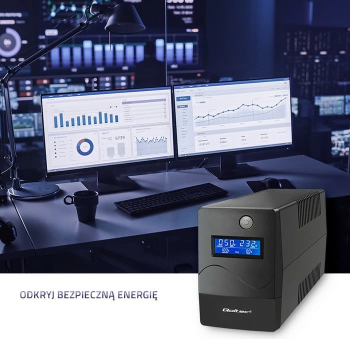 UPS Qoltec 53977, 450VA, 240W, LCD, USB, RJ45, e zezë