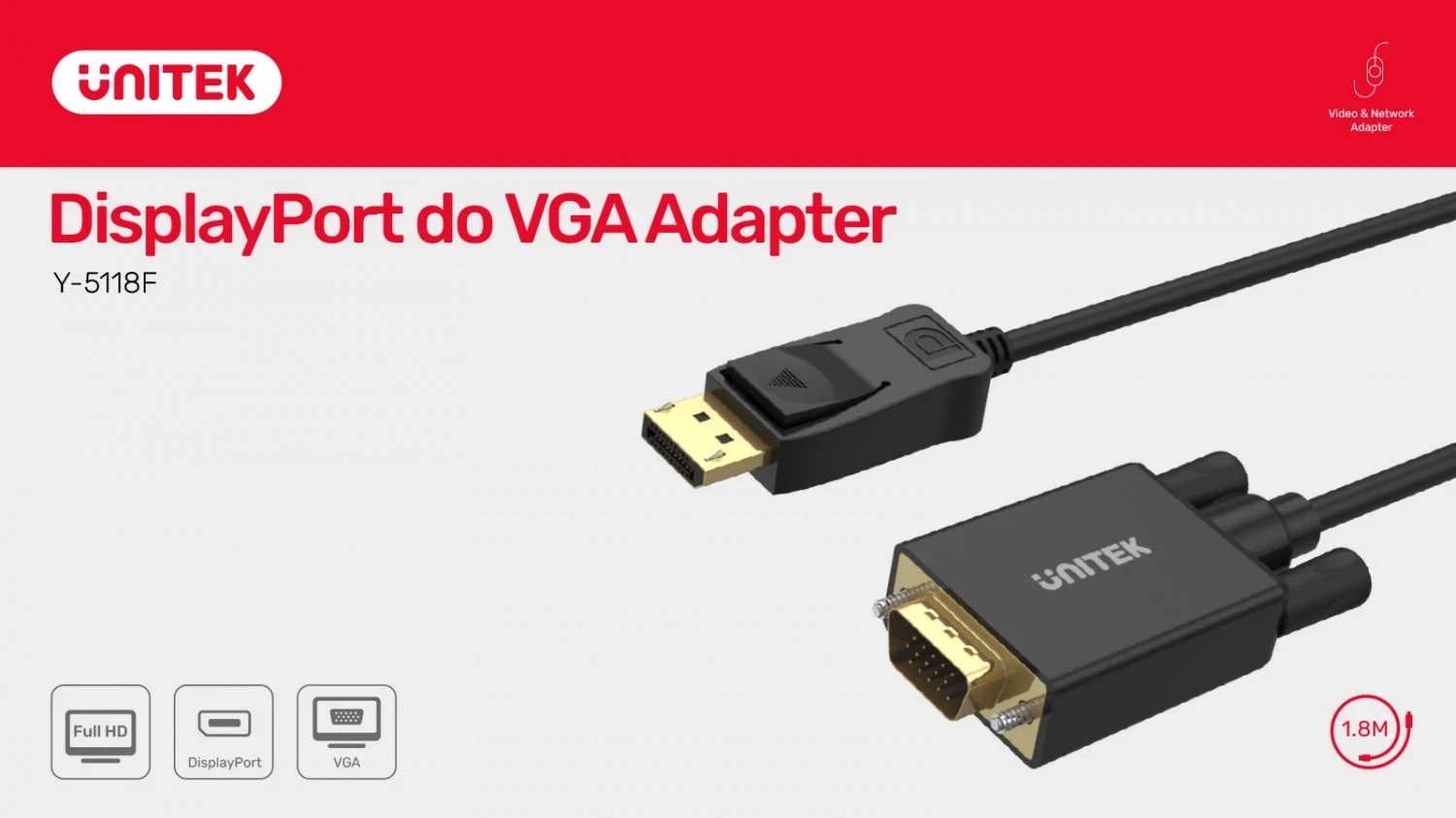 Kabllo Unitek DisplayPort - VGA, 1.8m, e zezë 