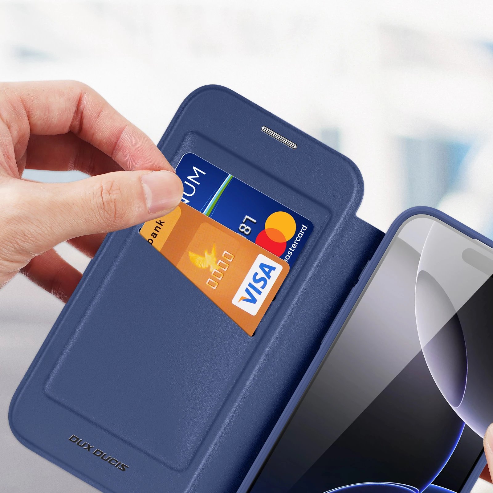 Mbështjellës, Dux Ducis, Skin X Pro iPhone 17 Pro, me portofol, kompatibil MagSafe, me bllokim RFID, blu