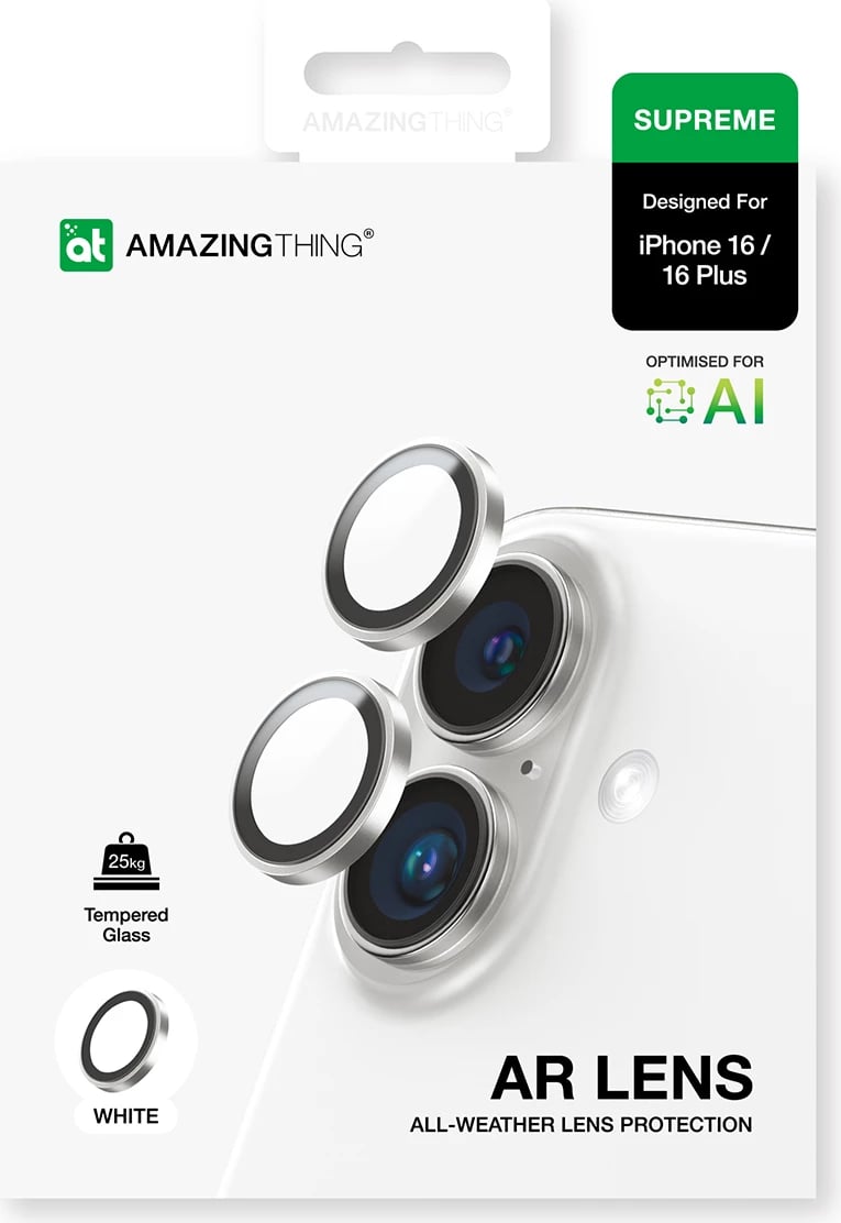 Mbështjellës kamerë AmazingThing AR Aluminum 2 Lens Glass me kornizë për iPhone 16 / 16 Plus, Bardhë