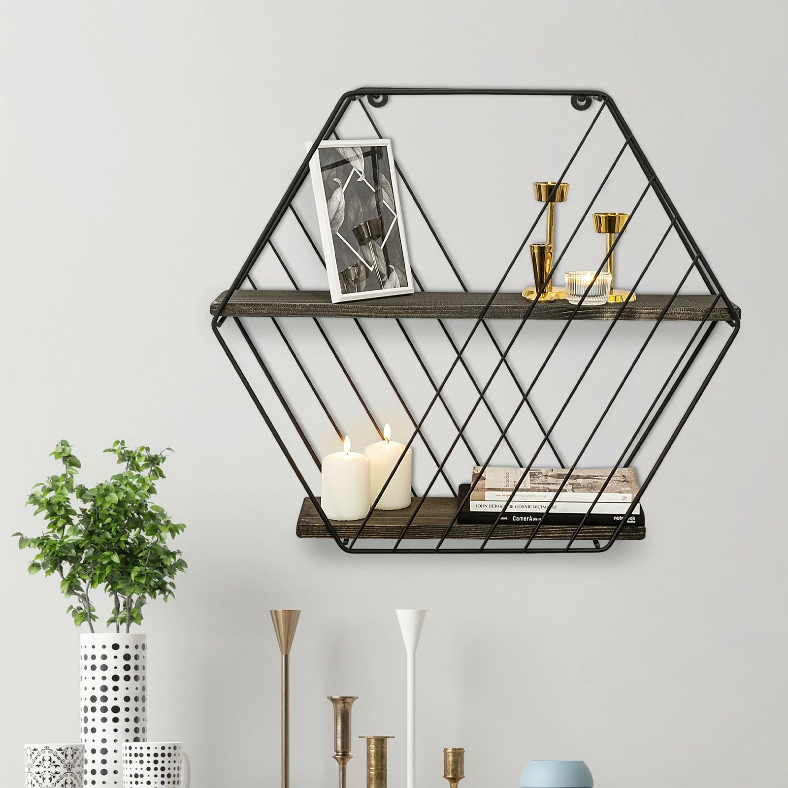 Raft muri Hanah Home, Anemone Vulgaris, ngjyrë e zezë dhe arre e errët, 60x52x15cm