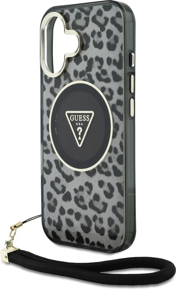 Mbështjellës Guess HC IML Leopard Triangle Cord Strap për iPhone 16, MagSafe, i zi
