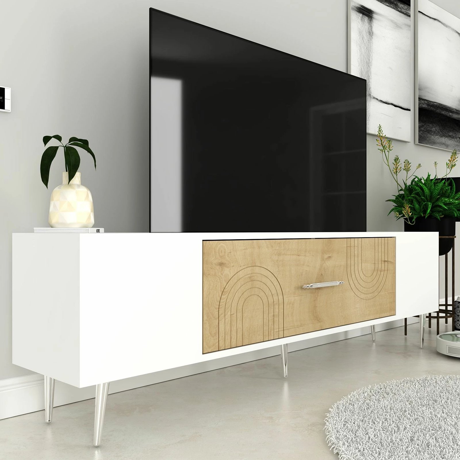 Komodë TV, ngjyrë lis safir, e bardhë, argjend, Dekol2